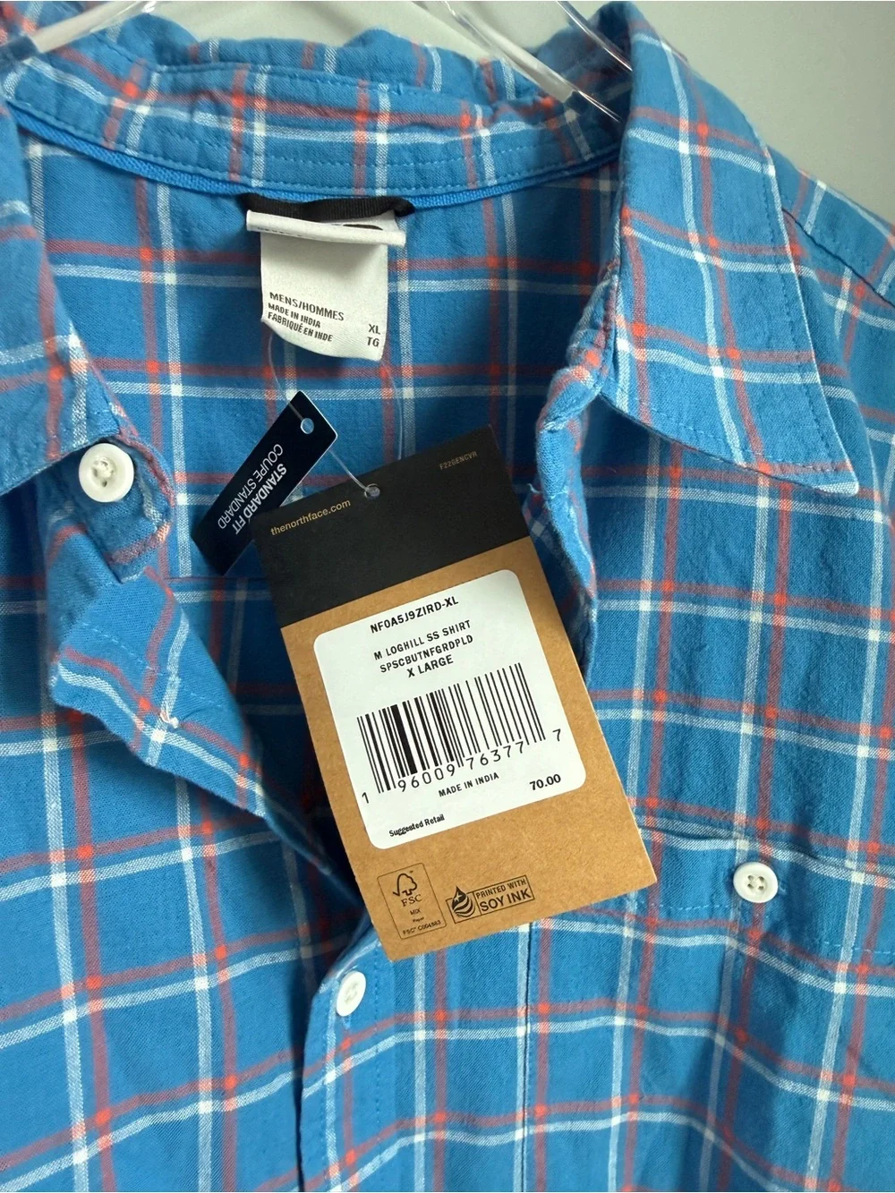 The North Face Men’s Loghill Woven Shortsleeve Button Up Plaid XL Blue $70